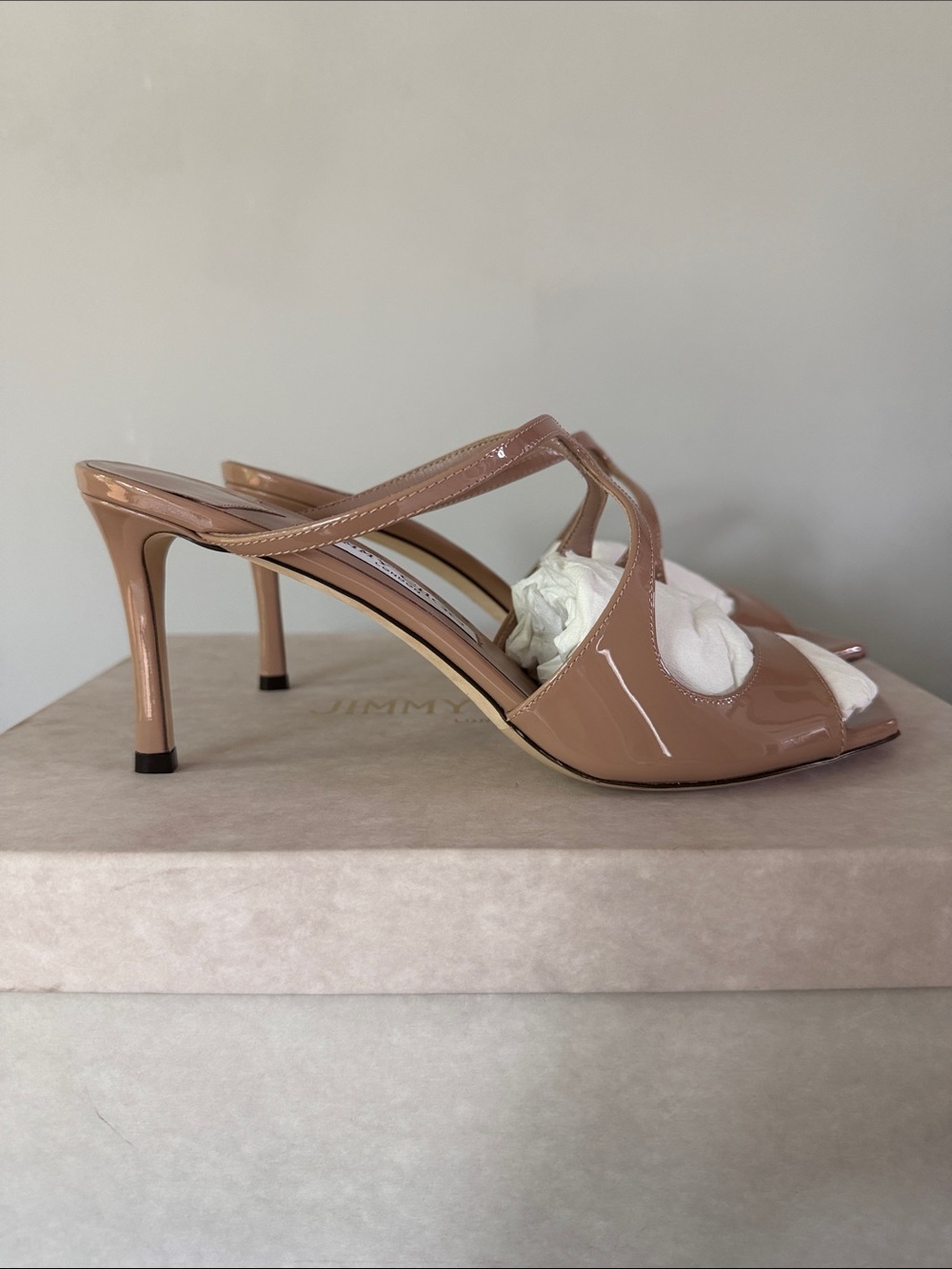 Jimmy Choo 75mm Nude Patent Open-Toe Mule Heels Anise 75